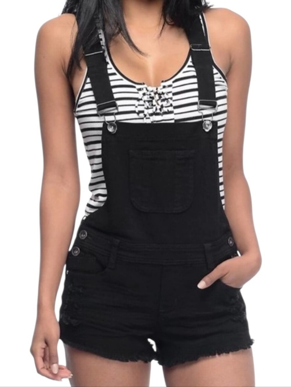 Empyre Taryn Distressed Denim Overalls Shorts Shortall Black‎ Juniors Size 3